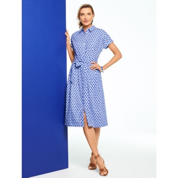 NWT Talbots Cotton Dolman Sleeve Blue Polka Dot Shirt Dress - Picture 1 of 11